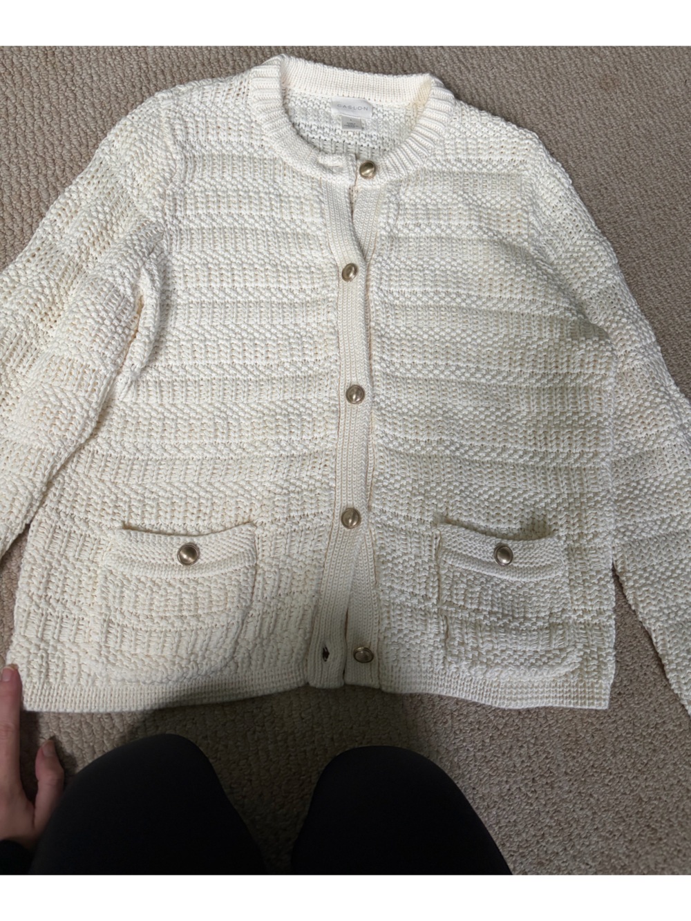 Caslon Ivory Open-Weave Chunky Cardigan with Metallic Buttons (please read all!)